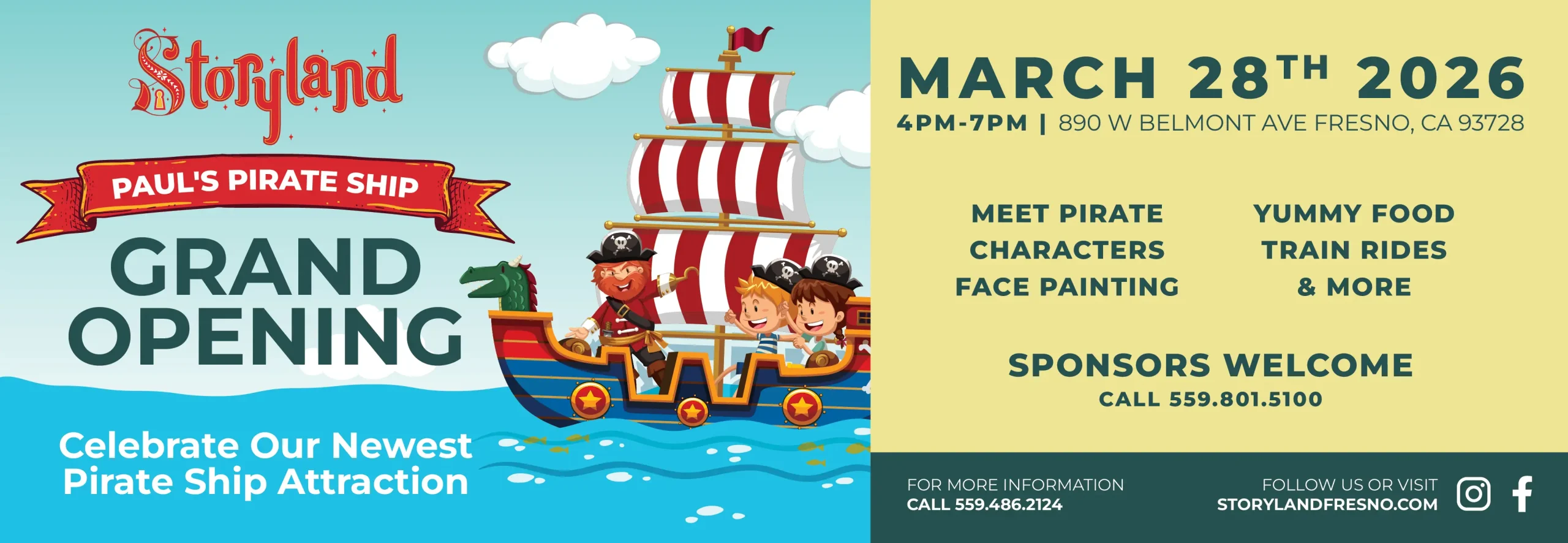 Celebrate Our Newest Pirate Ship Attraction March 28, 2026  | 4:00 – 7:00 PM Adults: $15 Children: $10 Meet pirate characters Face painting Yummy food Train rides and more! For More Information call 559.486.2124